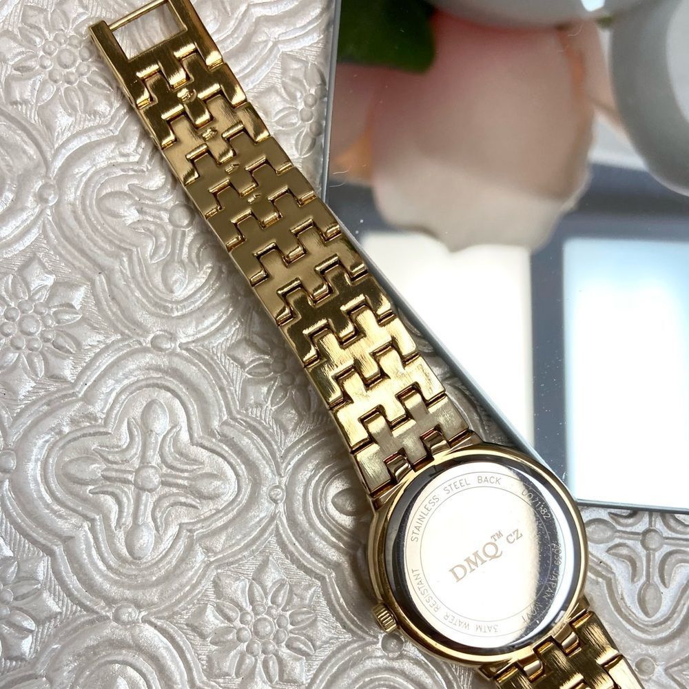 DMQ Diamonique CZ Bezel Mother of Pearl Dial Gold-Tone Dress Watch - Picture 15 of 16
